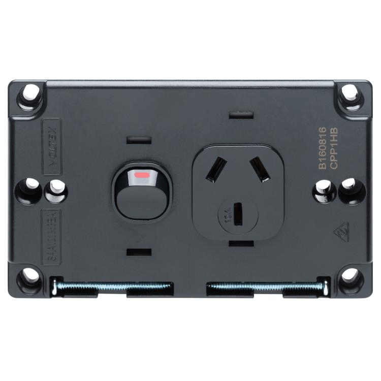 Voltex Classic Black Horizontal Single Power Outlet 250V 10A with Safety Shutters