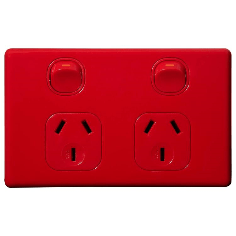 Voltex Classic Red Horizontal Double Power Outlet 250V 10A with Safety Shutters