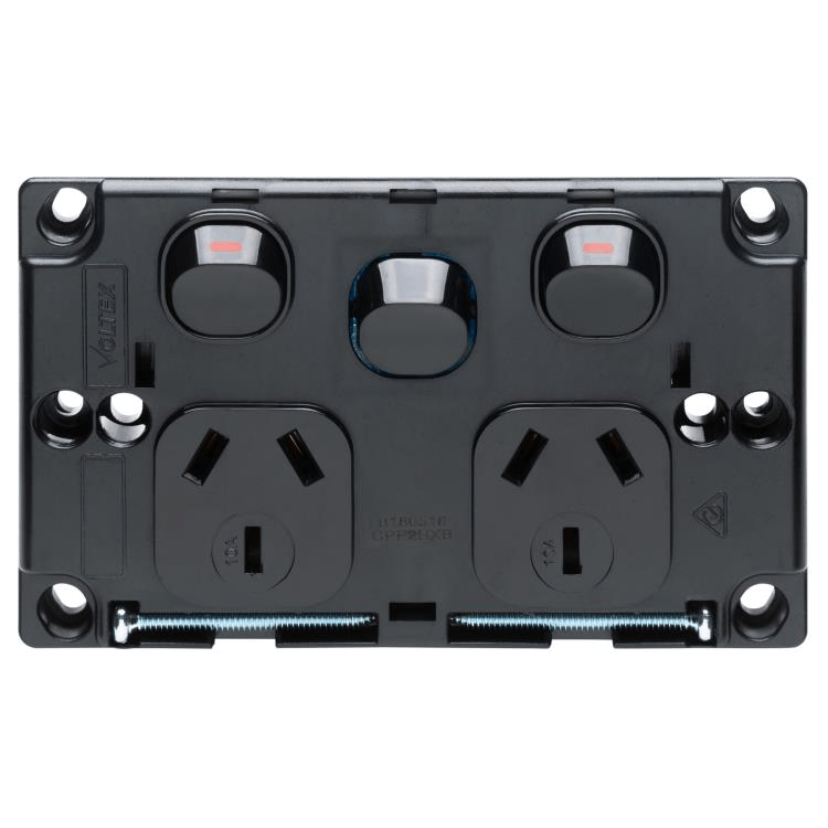 Voltex Classic Black Horizontal Double Power Outlet 250V 10A with Extra Switch and Safety Shutters
