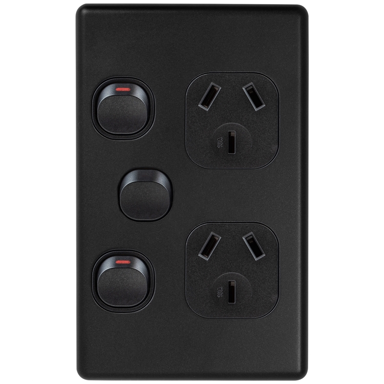 Voltex Classic Matte Black Vertical Double Power Outlet 250V 10A with Extra Switch and Safety Shutters
