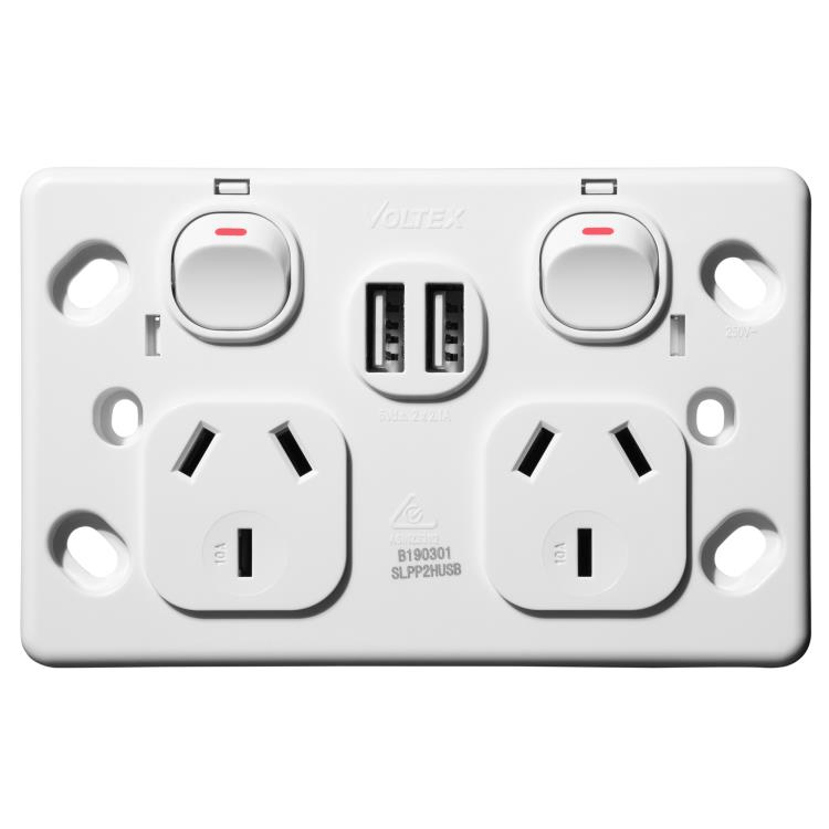 Voltex Shadowline (7.4mm) Double Power Outlet 250V 10A & 2 x 2.1 A USB Outlets